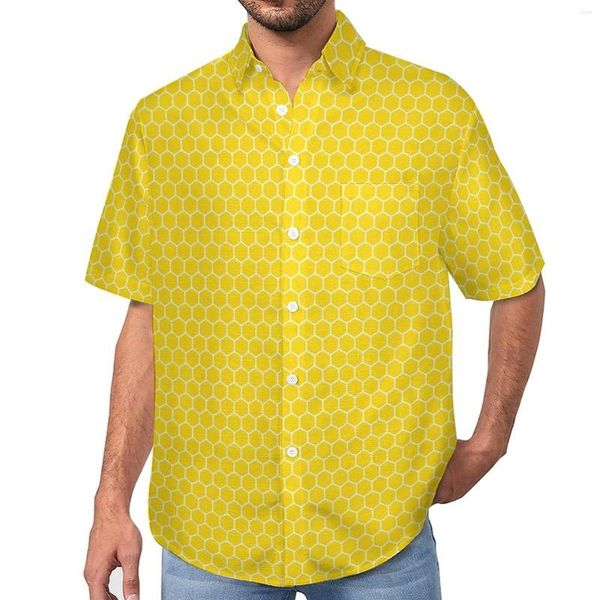 Chemises décontractées pour hommes Ruches jaunes chemise de vacances imprimé géométrique hawaïen homme chemisiers drôles à manches courtes vêtements graphiques grande taille