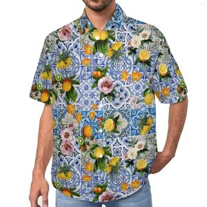 Vrijetijdsoverhemden voor heren Gele citroen Vakantiehemd Tegels met bloemen Hawaii Man Trending Blouses Korte mouw Bedrukte kleding Grote maten