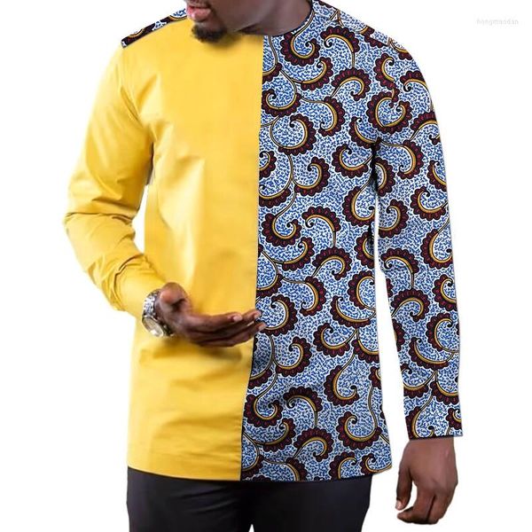Chemises décontractées pour hommes Chemise pour hommes jaunes Patchwork Tops Dashiki Coton Wax Mix Male Groom Wear Vêtements de fête africaine