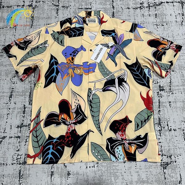 Camisas casuales para hombres Amarillo Azul marino Verde Hawaii Beach Style Wacko Maria Hombres Mujeres Estampado de flores Camisa de manga corta con solapa Top con etiquetas