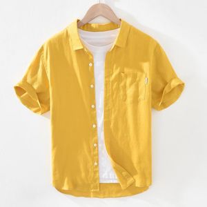 Camisas informales para hombre, camisa amarilla de manga corta para hombre, camisetas de lino puro de verano para hombre, camisa transpirable cómoda con botones y cuello vuelto para hombre