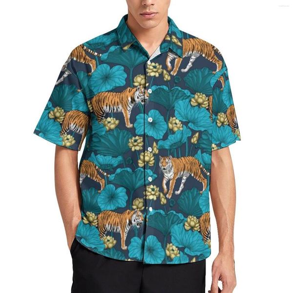 Camisas casuales para hombres camisa de vacaciones de tigre amarillo