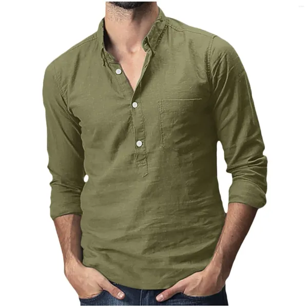 Chemises décontractées pour hommes YZLDS Été Chemise hawaïenne Baggy Coton Lin Poche solide Manches longues Col rabattu T Vêtements pour hommes