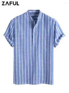 Chemises décontractées pour hommes Zaful Striped for Men Half Button Halflessles sans manches courtes Blans Streetwear Pullover Office Tops Z4984953