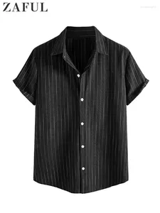 Camisas casuales para hombres ZAFUL Camisa a rayas para hombres Algodón Mangas cortas Blusas con botones Cuello vuelto Verano Streetwear Overshirts Tops