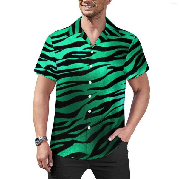 Camisas informales para hombre, camisa holgada con estampado de cebra, vacaciones para hombre, rayas verdes y negras, diseño hawaiano, blusas extragrandes geniales de manga corta