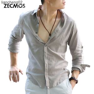 Camisas casuales para hombres Camisas de lino de algodón Zecmos Camisa blanca de verano para hombre Camisas de caballero social Camisa casual ultra delgada para hombres Ropa de moda británica W0410