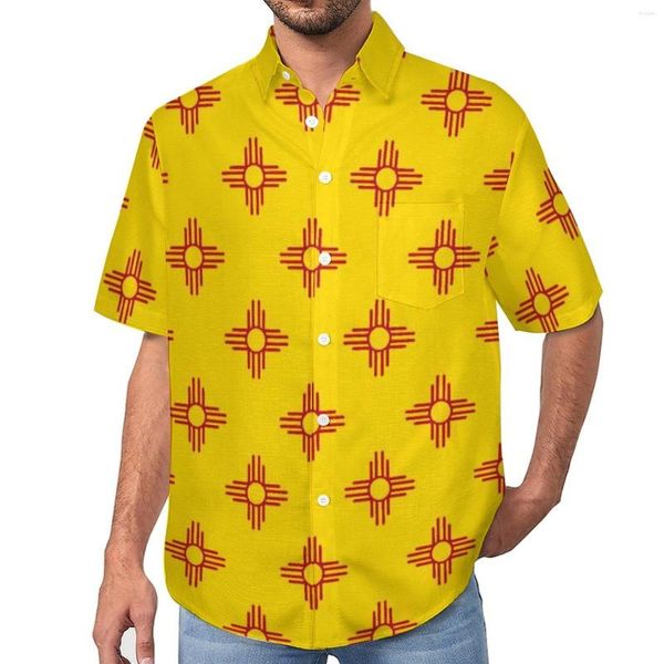 Camisas informales para hombre, blusas con el símbolo del sol Zia, bandera del Estado de México, camisa de playa de gran tamaño con estampado de manga corta hawaiana roja estilo callejero