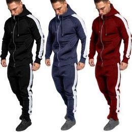 Heren Casual Stitching Trainingspak Lange Mouw Zipper Hooded Sweatshirt Broek Sets Winter Jogging Sport Warme Hoodies Pak # Z LJ201125