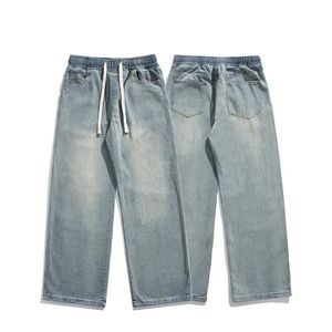 Casual -stijl denim jeans voor heren 2024 Zomer nieuwe aankomst gewassen visgraatontwerp midden taille rechte been broek Tirks losse elastische taille ontspannen broek Daily Outfit
