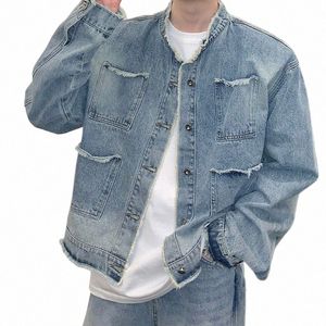 Heren Casual Wed Denim Jacket Streetwear Ripped Stand Kraag Textuur Koreaanse Harajuku Retro Lg Mouw Luxe Jas 2024 Nieuwe B8Jc #