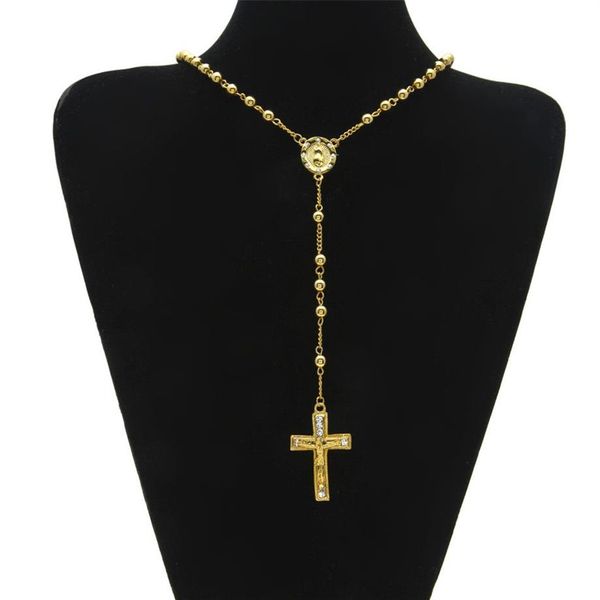 Bijoux religieux catholiques pour hommes, Style Hip Hop, couleur or, collier de perles en acier inoxydable, croix de jésus, chapelet, chaîne 285M