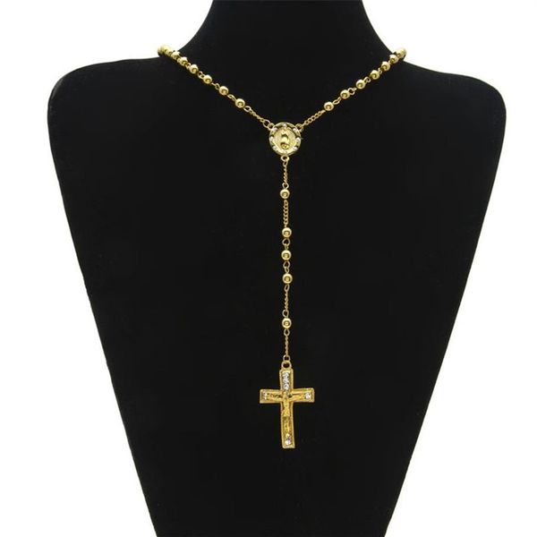 Bijoux religieux catholiques pour hommes, Style Hip Hop, couleur or, collier de perles en acier inoxydable, croix de jésus, chapelet, chaîne 259S