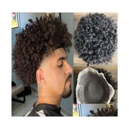 Pelucas para niños para hombres 15 mm Afro Curl 1B FL PU Toupee Peluca para hombre Indian Remy Reemplazo de cabello humano 12 mm Unidad de encaje rizado para Black Me Dhwnq