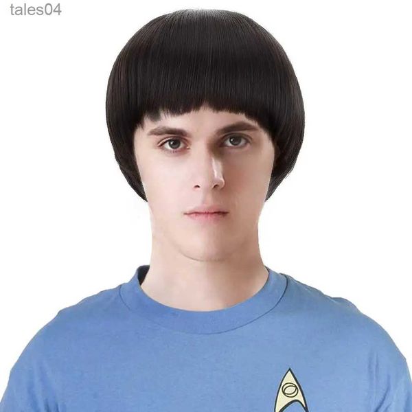 Pelucas para niños para hombres Belleza libre Peluca corta negra Spock Cosplay Pelucas de pelo sintético con corte de cuenco para hombres de los años 60 para disfraz de anime Fiesta de Halloween YQ231111