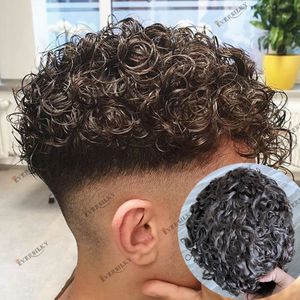 Perruques pour enfants pour hommes Base complète de la peau 20 mm Cheveux humains bouclés Toupet pour hommes Système de prothèse durable Noir/Brun Morceau de cheveux 130 Densité Ligne de front naturelle 230307