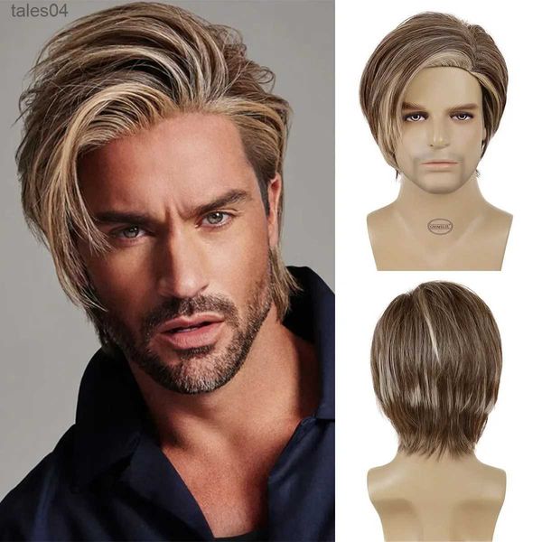 Pelucas para niños para hombres GNIMEGIL Peluca sintética recta corta natural para hombres Mezcla marrón Peluca rubia resaltada Parte lateral Flequillo Estilo de moda Disfraz de cosplay YQ231111