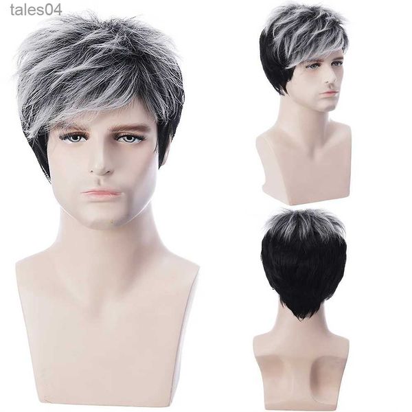 Pelucas para niños para hombres Gres Men Peluca de pelo corto y liso Negro Plata Ombre Pelucas masculinas Cosplay Fibra de alta temperatura Pelo sintético con flequillo YQ231111