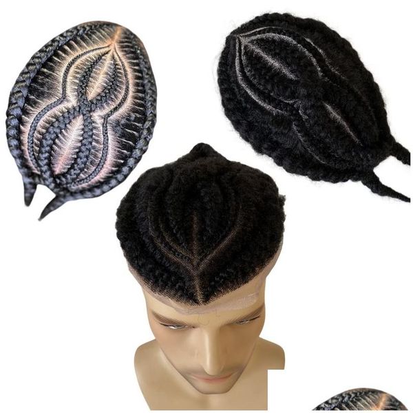 Pelucas para niños para hombres Reemplazo de cabello humano virgen indio 1B Raíz negra Trenzas de maíz afro 8x10 FL Lace Toupee Male Topper para hombre Dhlyc