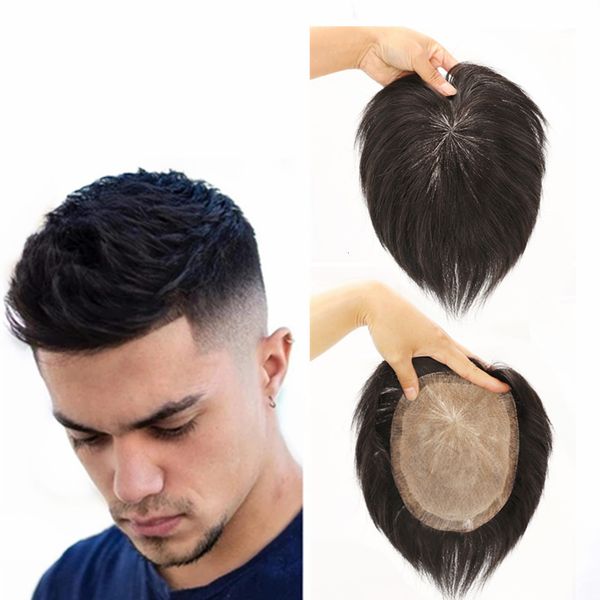 Pelucas para niños para hombres Tupé para hombres Piezas de cabello humano Unidad de cabello Peluca Hombre Tupé Sistema de reemplazo Peotese capilar para hombres Negro natural con cintas 230822