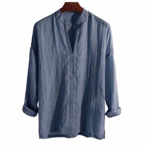 Style chinois pour hommes Couleur unie Lâche Col V Lg Manches Pull Tops Vintage Cott V Cou Boho Style Chemises pour hommes Plus 2021 z3eX #