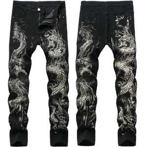 Heren Chinese trendy Dragon Black Skinny Jeans Stretch Comfortabele Fashion Hip-Hop Broek Streetwear Print Broeken 211108