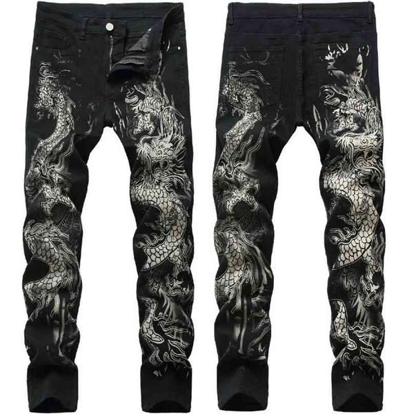 Pantalones vaqueros flacos negros del dragón de moda chino de los hombres estiramiento cómodo moda hip-hop pantalones streetwear pantalones de impresión 210716