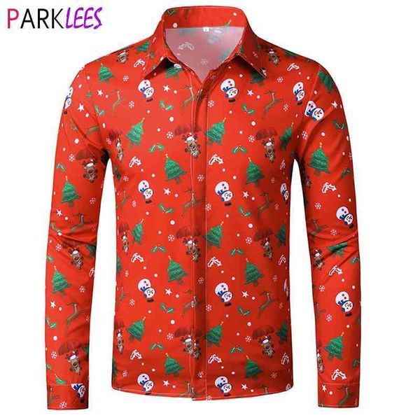 Hombre Navidad Muñeco de nieve Reno 3D Vestido impreso Camisas Moda Botón Abajo Feo Fiesta de Navidad Camisa Masculina Navidad Rojo 210522