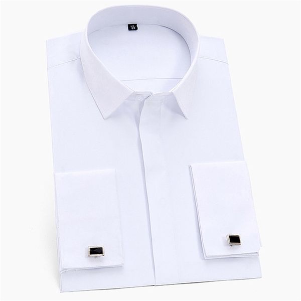 Camisa de vestir clásica con puños franceses para hombre, camisa blanca con solapa cubierta, camisas blancas de trabajo de oficina de manga larga de ajuste estándar de negocios formales 220330