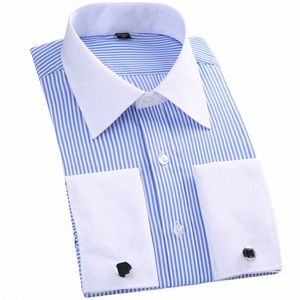 Camisa clásica a rayas con puños franceses para hombre, bolsillo tipo parche, camisas de boda con manga LG de ajuste estándar, gemelos incluidos K5N1 #