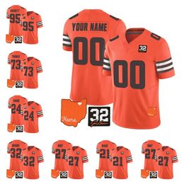 Cleveland''Browns''Myles Garrett Kareem Hunt personalizado naranja 2023 F.U.S.E.Con parche conmemorativo de Jim Brown y camiseta cosida limitada Vapor Untouchable con parche C de 4 estrellas