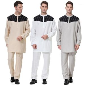 Vêtements ethniques hommes formelle en mousseline de soie Robe musulmane arabe moyen-orient col rond bouton à manches longues Robe ensemble taille S-XXXL1