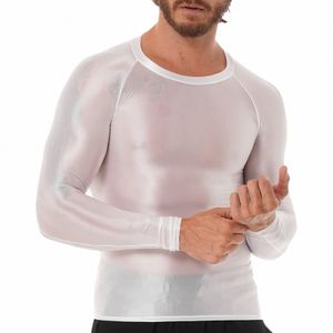Vêtements pour hommes brillant O cou Lg manches T-shirt couleur unie coupe ajustée chemise respirante hauts Gym Jogging Yoga vêtements de sport A83n #
