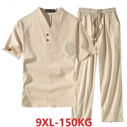Vêtements pour hommes grande taille survêtement mari 2020 costume d'été t-shirt en lin mode homme ensemble Style chinois 8XL 9XL plus deux pièces X0610