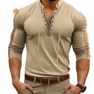 Vêtements pour hommes Chemise solide Streetwear Vintage Mâle Solide Tie-up Creux Pull Tops Printemps Lg Manches Col V T-shirts T-shirts 37ds #