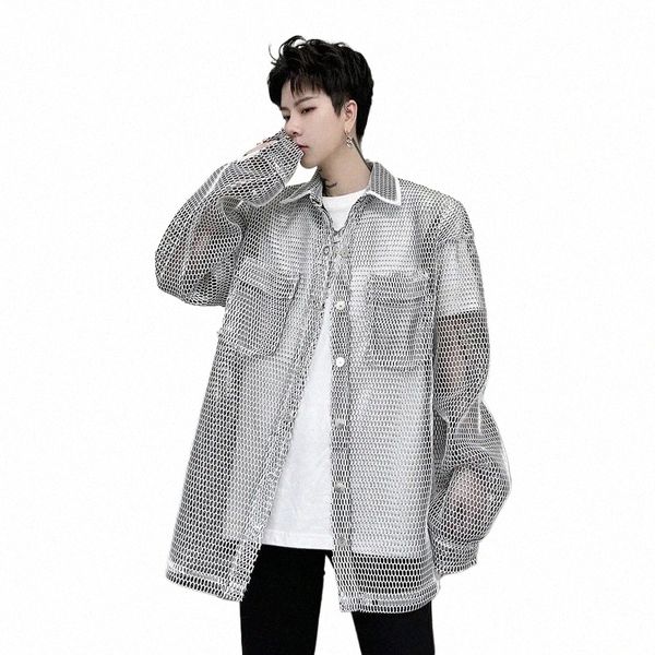 Vêtements pour hommes Summer Ins Persality Hold Mesh Trench-Coat Coréen Hommes Lâche Mâle Fiable Mâle Manteau Coupe-Vent Veste l5Cl #