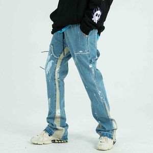 Couleur masculine Blo Streetwear peint dstring jeans hommes fracas côté ruban latéral pantalon denim décontracté lâche Pantalon de couple Hip Hop Hop Hop G230422
