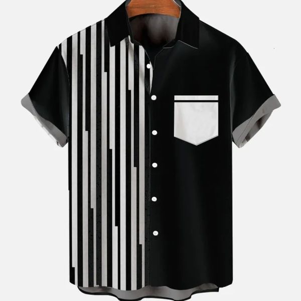 Camisa social informal de compresión lisa con contraste de color para hombres Patrón de costura Graffiti Manga elegante de gran tamaño Y2k 240106