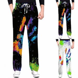 Pantalon droit coloré pour hommes, imprimé arc-en-ciel 3D, cordon élastique, poche avant, peinture graphique, pantalon doux et confortable, T23L #