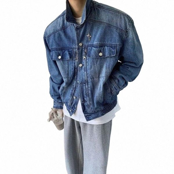 Cool Metal Denim Jacket Vintage Wed Revers Lg Veste à manches All-Match Hommes Single-Breasted Épaule Rembourré Manteaux à la mode R5HL #