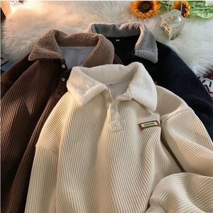 Heren corduroy poloshirt trui dames herfst winter fleece dikke jas kraag knopen lange mouwen warme tops 240129