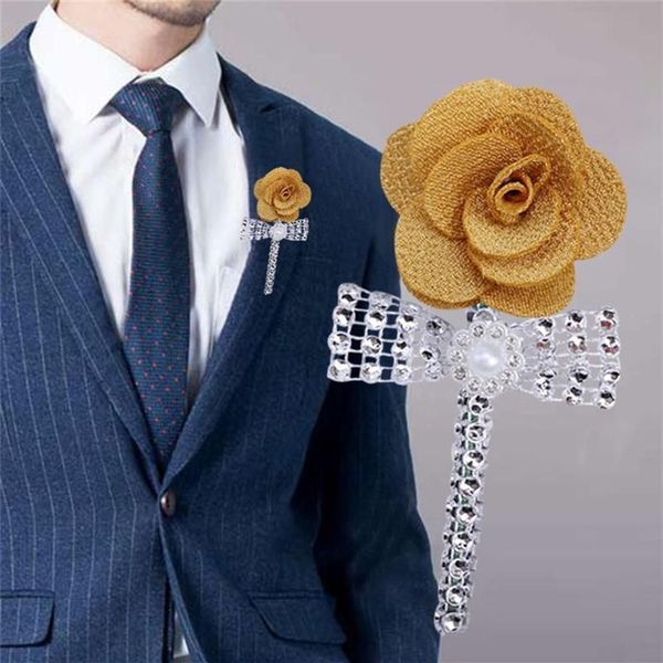 Ramillete para hombre, diamantes de imitación, perlas, oro claro, Pin para traje de novio, nudo para fiesta de negocios, accesorios para vestido de novia XH054, Flowe234K decorativo