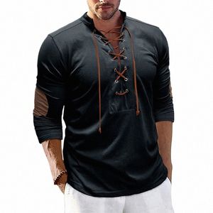 Cott Linen Henley Shirt Muscle Lace Up LG Manga Stand Collar Camisetas grandes y altas Casual Jersey Henley Tee Top J7Hm #