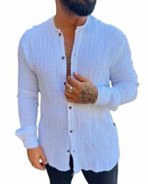 Chemise à manches longues en lin Cott pour hommes Fiable Casual Double couche Chemises et chemisiers sociaux froissés b5Q5 #