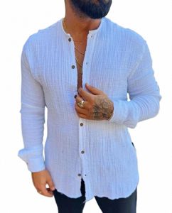 Chemise à manches longues en lin Cott pour hommes Fiable Casual Double couche Chemises et chemisiers sociaux froissés b5Q5 #