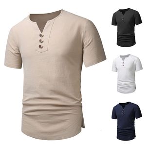 Katoen en linnen V-hals strand T-shirt B30 voor heren en linnen