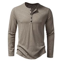 Botão de algodão masculino Henley pescoço camisa manga comprida botão casual cor sólida camisetas da moda 240106