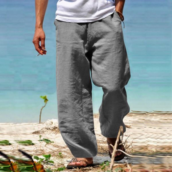 Pantalones de cáñamo de algodón para hombre, cintura elástica, holgados, con cordón, pantalones de playa de verano, pantalones de Yoga rectos para correr para hombre