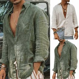 Camisa informal de lino y algodón para hombre, cuello alto, documento sólido para hombre, manga larga, camisa hermosa para primavera y otoño para hombre 2023