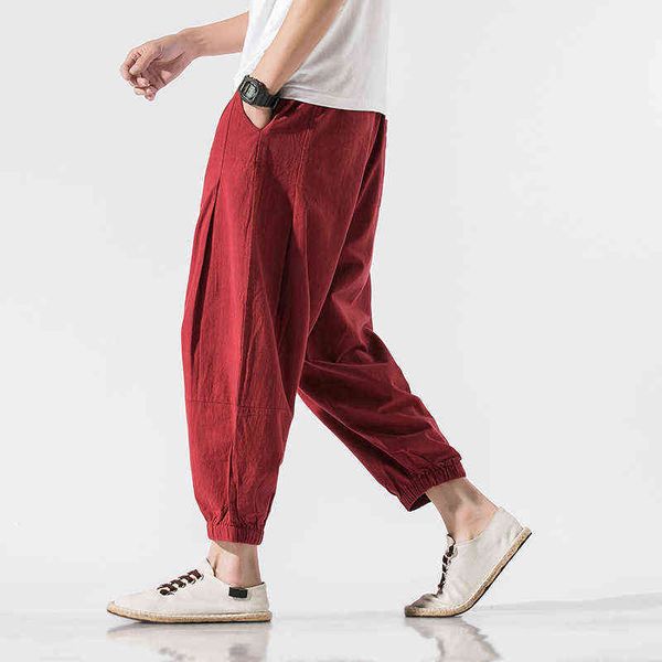 Hommes coton lin pantalon hommes Streetwear Joggers pantalon 2022 printemps mâle ample solide sarouel L220706